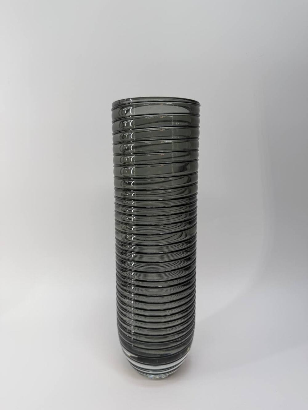 Tall Ribbed Glass Vase Gray Smoke Spiral Rings Heavy Modern Decor 3.28lb